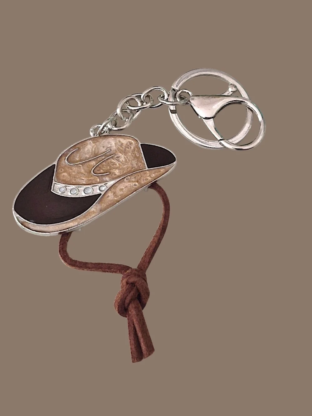 Western Cowboy Hat Bag Charm / Keychain with Brown Suede Tassel